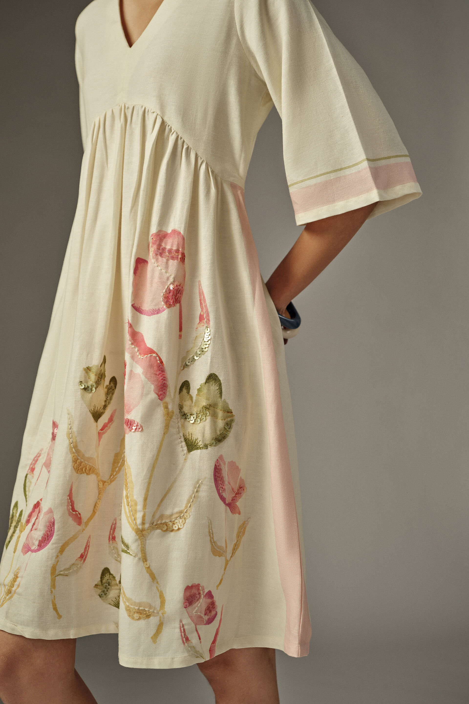 Floral Sequin Mini Dress in Cream, White, image 3